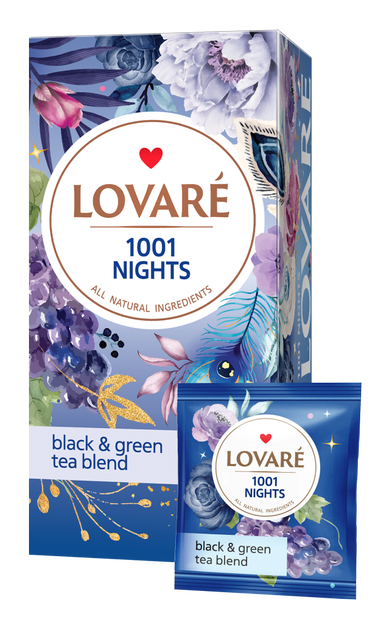 Бленд черного и зеленого чая с фруктами и лепестками цветов Lovare 1001 Ночь пакетированный 24х2 г (4820097816508) - изображение 1
