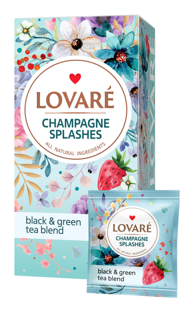 Бленд черного и зеленого чая с кусочками ягод и лепестками цветов Lovare Брызги шампанского пакетированный 24х2 г (4820198871147) - изображение 1