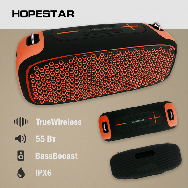 Портативная беспроводная Bluetooth колонка Hopestar A30 AUX Bass Boost USB 55Вт Black-Orange - изображение 8