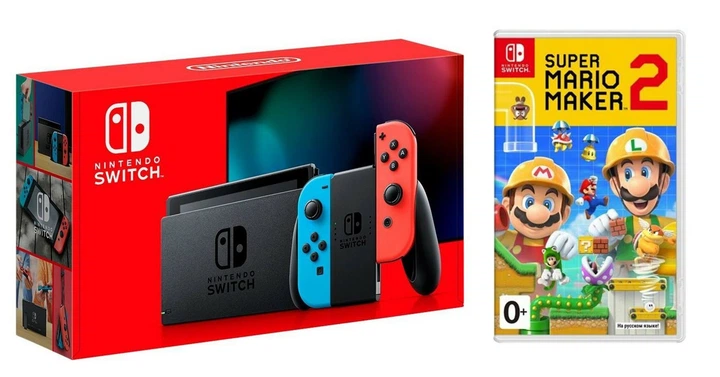 Nintendo Switch Neon blue/red - Обновлённая версия + Super Mario Maker 2 - Фото 1 Nintendo Switch Neon blue/red - Обновлённая версия + Super Mario Maker 2 - изображение 1