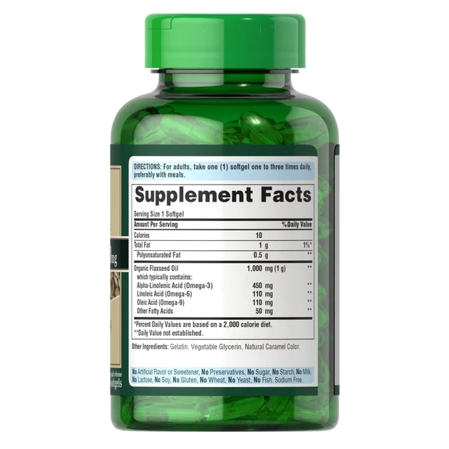 Добавка Puritan's Pride Natural Flax Oil 1000 мг Omega 3-6 & 9 (Льняное масло Омега) 60 гелевых капсул 1286 - изображение 2