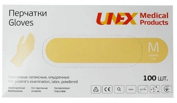 Перчатки латексные M белые UNEX с пудрой 100шт - изображение 1