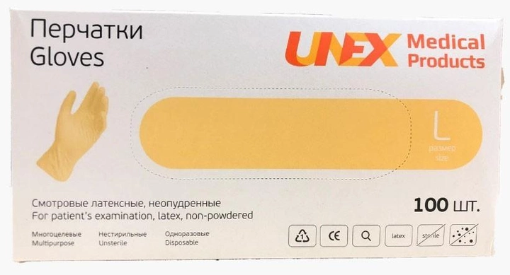 Перчатки латексные L белые UNEX с пудрой 100шт - изображение 1