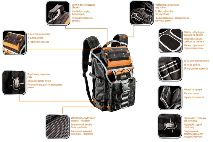 Рюкзак для інструменту Neo Tools, 30л, 22 відділення, поліестер 600D - изображение 12