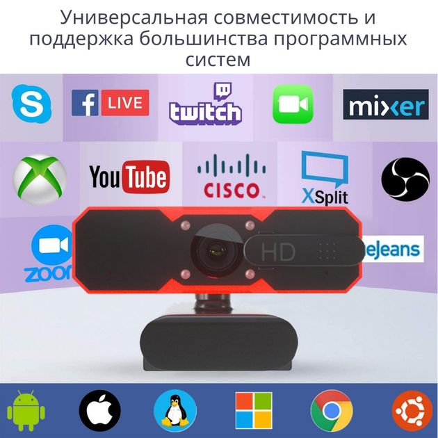 Веб-камера с автофокусом и подсветкой 1080P 30FPS и встроенным ...
