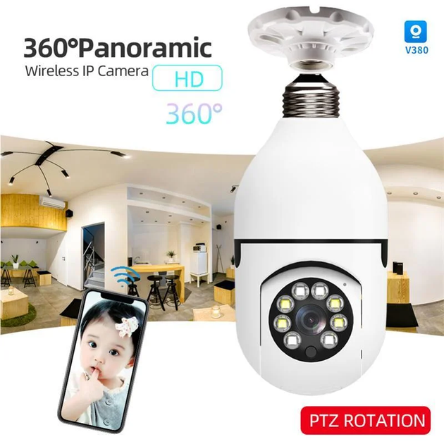 Панорамная IP WiFi камера Panorama camera icsee L1 E27 потолочная камера лампочка с двусторонней связью - изображение 4