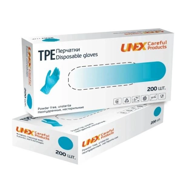 Медицинские TPE перчаки Unex, Medical Products, 200 шт, 100 пар, размер XL, синие - зображення 1