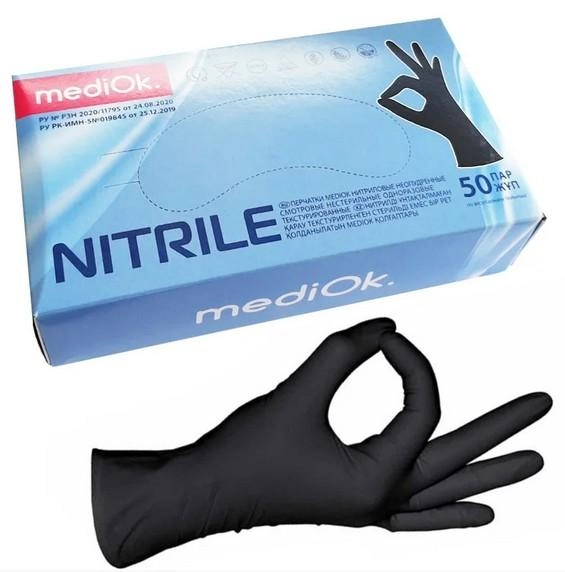 Медицинские нитриловые перчатки MediOk, 100 шт, 50 пар, размер М, черные - изображение 1