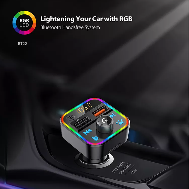 ФМ модулятор Terra BT22, вольтметр, зарядка QC3.0, Bluetooth 5.0, громкая связь, подсветка RGB - изображение 4