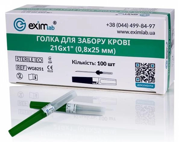 Игла для забора крови Eximlab 21Gx1" (0.8x25 мм), стерильная, цвет зеленый 100 шт (70100106) - изображение 2