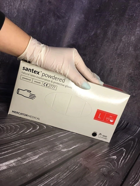 Перчатки латексные медицинские Santex Powdered L нестерильные опудренные 10 уп 100 шт белые - изображение 1