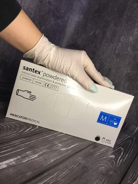 Рукавички латексні медичні Santex Powdered M нестерильні пудровані 10 уп 100 шт білі - зображення 1