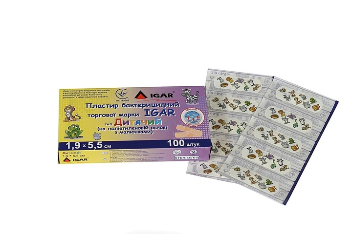 Пластырь бактерицидный IGAR Детский 1,9*5,5 см на полиэтиленовой основе с рисунками 100 шт/уп - изображение 1