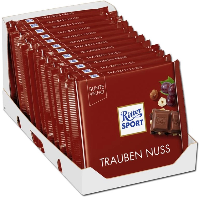 Акция на Упаковка молочного шоколаду Ritter Sport з родзинками та лісовими горіхами 12 шт. х 100 г от Rozetka
