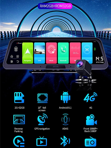 Видеорегистратор на торпеду 10" 4G Sim GPS Android Bluetooth FM передатчик Full HD GF E98 Plus / 4Ядра / 32Gb / 2Gb Ram / с камерой заднего вида - зображення 2