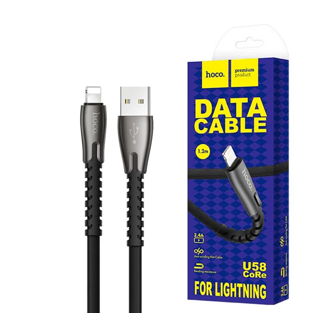 USB кабель Hoco U58 "Core" Lightning 1.2 m чорний - Фото 1 USB кабель Hoco U58 "Core" Lightning 1.2 m чорний - зображення 1