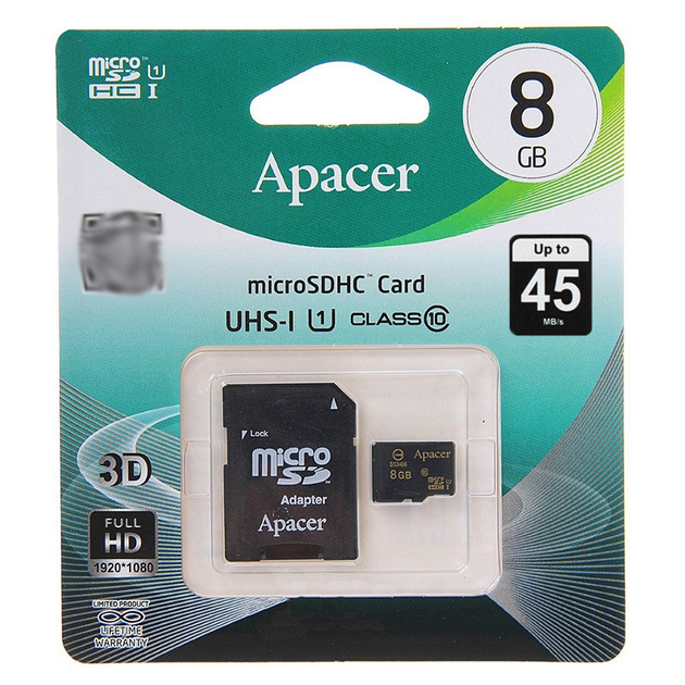 Карта памяти Apacer MicroSD 8GB 10 class с адаптером SD (Черный) - изображение 1
