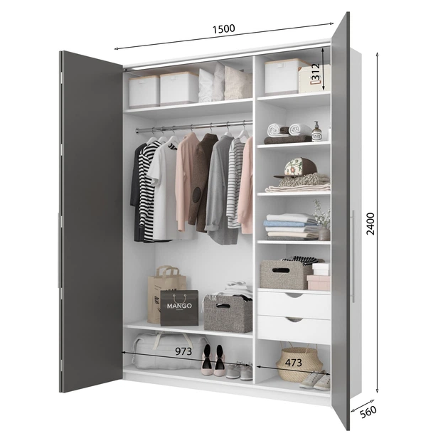 Шафа VitalMebli Line 150-2 трьохдверна 1500х560х2400 мм Білий корпус + двері Lacobel з вставкою дзеркала - Фото 2 Шафа VitalMebli Line 150-2 трьохдверна 1500х560х2400 мм Білий корпус + двері Lacobel з вставкою дзеркала - зображення 2