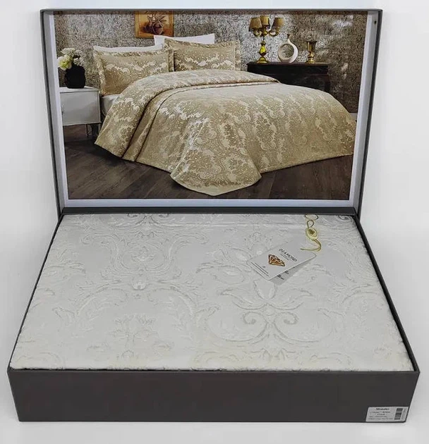 Винтажное жаккардовое покрывало с наволочками DIAMOND MONAKO KREM 240х260см крем - изображение 4