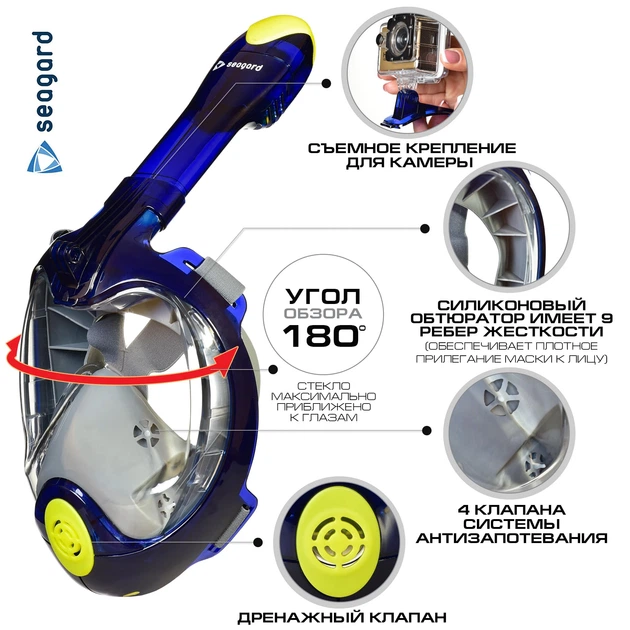 Маска для плавания Seagard Easybreath Profi L/XL панорамная с креплением для камеры Синий - изображение 2