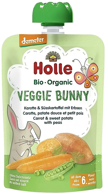 Упаковка пюре Holle Veggie Bunny органическое из моркови, сладкого картофеля и горошка с 6 месяцев 100 г х 12 шт (7640161877061) 
