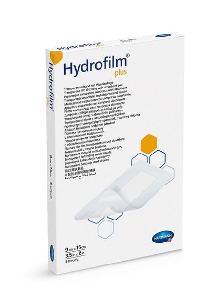 Пов’язка плівкова прозора з абсорбуючою подушечкою Hydrofilm® Plus / Гідрофілм Плюс 9х15см 5шт - зображення 1