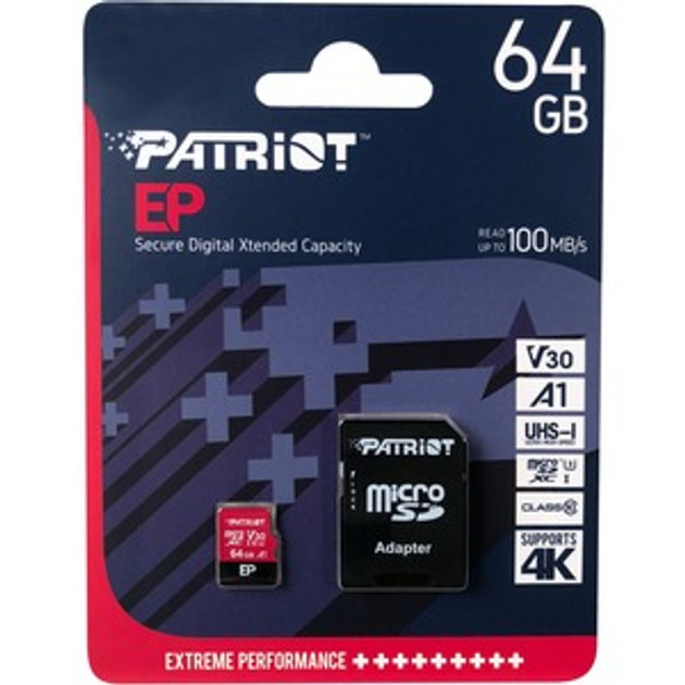 Карта пам'яті Patriot microSDXC EP Series 64GB Class 10 UHS-I (U3) V30 A1 W-80MB/s R-100MB/s +SD-адаптер (PEF64GEP31MCX) - изображение 2