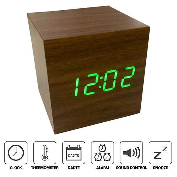 Настольные часы Wooden Watch электронные светодиодные USB 6,5х6,5см Коричнево-зелёные (VST-869) - изображение 2