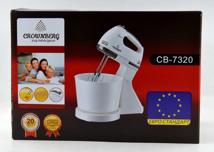 Міксер Crownberg CB-7320 ручний з підставкою і ємністю 2л 300 Вт на 7 швидкостей роботи Білий (11173) - зображення 4