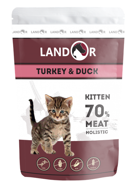 LANDOR Полнорационный влажный корм для котят Индейка с Уткой 85 г пауч - Фото 1 LANDOR Полнорационный влажный корм для котят Индейка с Уткой 85 г пауч - изображение 1