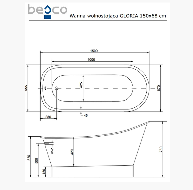 Ванночка отдельно стоящая GLORIA 150X68 БЕСКО польский производитель - Фото 3 Ванночка отдельно стоящая GLORIA 150X68 БЕСКО польский производитель - изображение 3