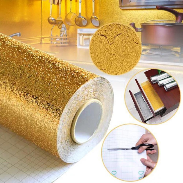 Кухонная маслостойкая алюминиевая фольга UKC самоклеющаяся 3х60 Золотая ...