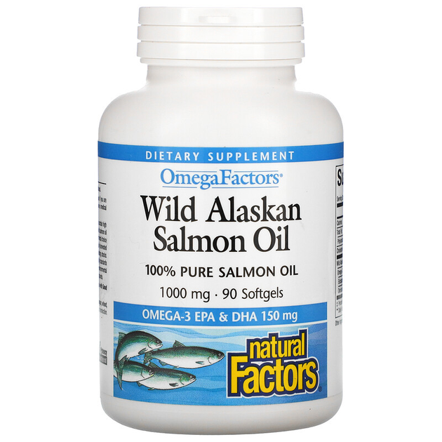 Жир дикого аляскинского лосося, Natural Factors, 1000 мг, 90 капсул - изображение 1