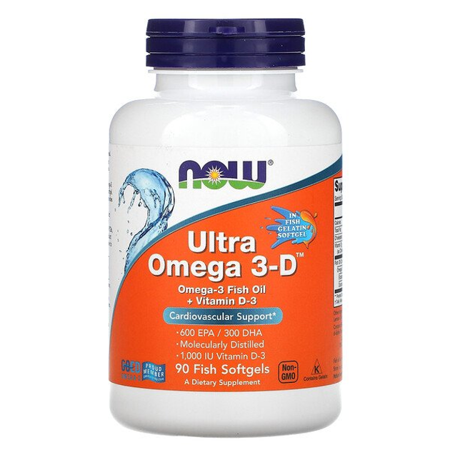 Омега-3 рыбий жир + витамин D-3, Ultra Omega 3-D, Now Foods, 90 капсул из рыбьего желатина - изображение 1