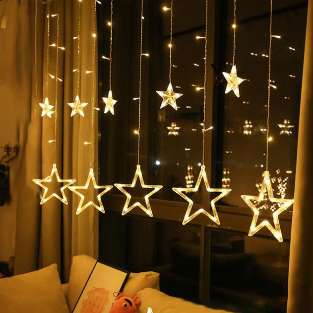 Светодиодная гирлянда штора звезды Shine Lighting Star 138LED 2.5 метра 12 звезд теплый белый - изображение 4