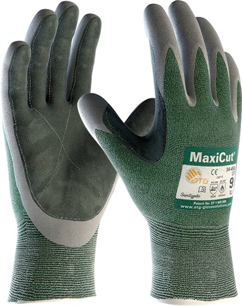 Захисні рукавички від порізів з шкіряним покриттям ATG MaxiCut 34-450 LP тактичні 9 L зелено сірі - зображення 1