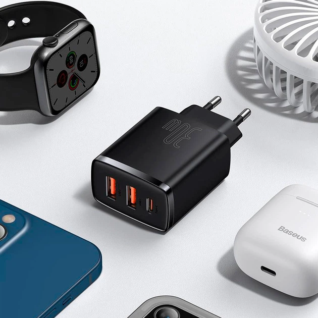 Сетевое зарядное устройство BASEUS Compact Quick Charger |2USB/1Type-C, 30W/3A, PD/QC| с быстрой зарядкой Black (CCXJ-E01) - изображение 8