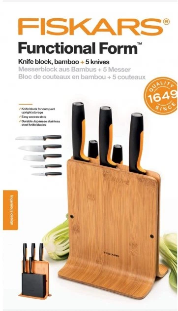 Набір кухонних ножів Fiskars Functional Form 6 предметів з бамбуковим блоком (1057552) - зображення 4
