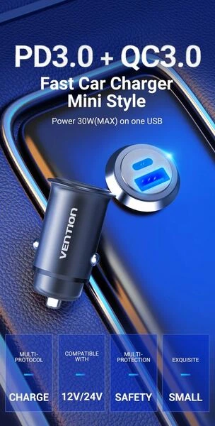 Автомобільний зарядний пристрій Vention (Power Delivery Port + QC3.0) (24W)|Black (CC-63-H) - зображення 6