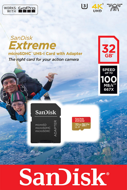 Карта памяти Sandisk microSDHC 32GB Extreme Action A1 Class 10 V30 UHS-I U3 (SDSQXAF-032G-GN6AA) - изображение 1