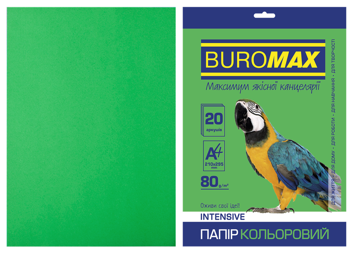 Папір кольоровий Buromax Intensive А4 80гр 20 аркушів Зелений (BM.2721320-04) - Фото 1 Папір кольоровий Buromax Intensive А4 80гр 20 аркушів Зелений (BM.2721320-04) - зображення 1