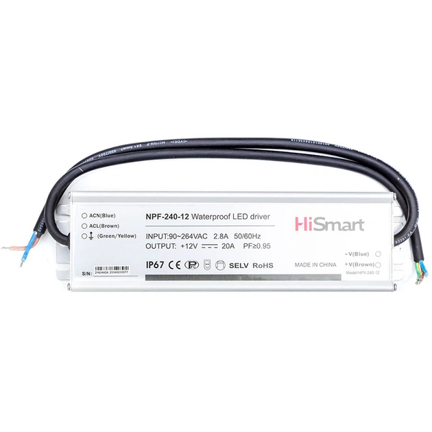 Блок живлення HiSmart 12V, 20A, 240W, PFC, IP67 - Фото 1 Блок живлення HiSmart 12V, 20A, 240W, PFC, IP67 - зображення 1