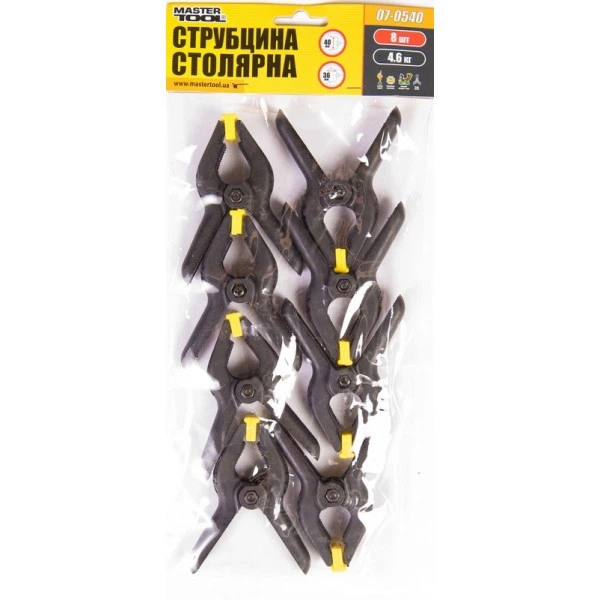 Струбцина столярна тип "A" MASTERTOOL GM 90 мм, ширина захвату 40мм, сила затискання 4.6 КГ, набір 8шт. 07-0540 - Фото 2 Струбцина столярна тип "A" MASTERTOOL GM 90 мм, ширина захвату 40мм, сила затискання 4.6 КГ, набір 8шт. 07-0540 - зображення 2