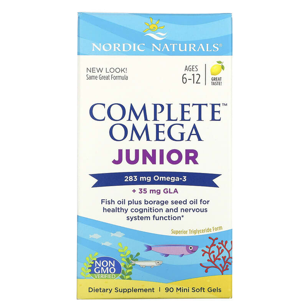 Омега Junior, со вкусом лимона, Nordic Naturals, для детей от 6 до 12 лет, 283 мг, 90 капсул - изображение 1