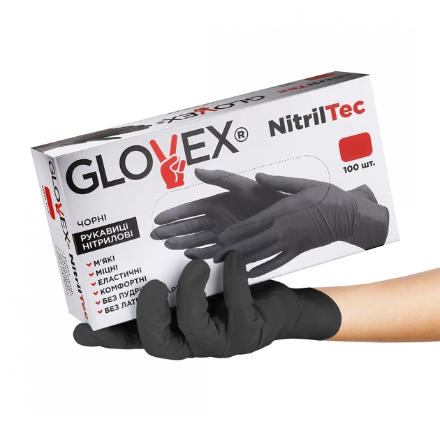 Рукавички нітрил/вінілові Nitriltec Glovex 100 шт. XL чорні - Фото 2 Рукавички нітрил/вінілові Nitriltec Glovex 100 шт. XL чорні - зображення 2