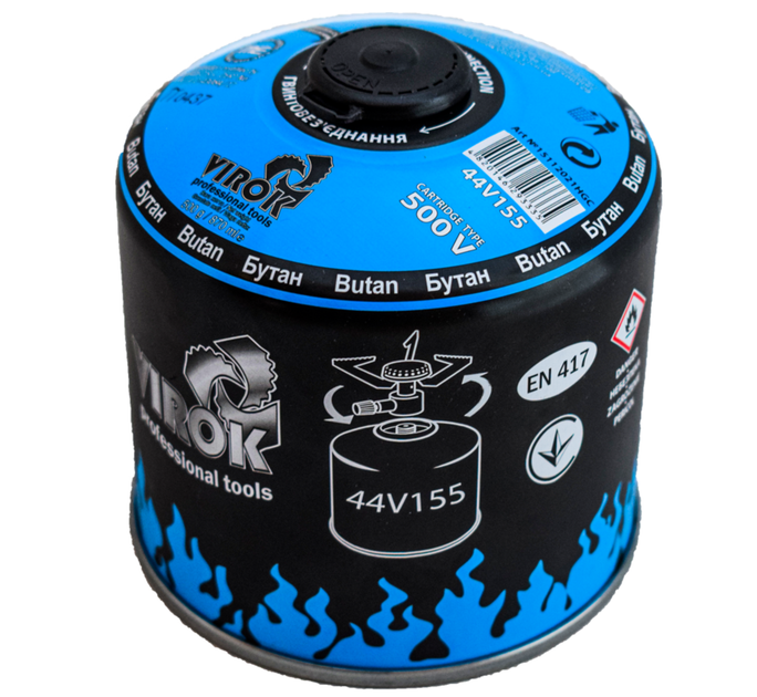 Баллон газовый 1-разовый с резьбой (7/16) 500g/870ml. для плит/кемпинга (EN417) BUTAN VIROK (44V155) - Фото 1 Баллон газовый 1-разовый с резьбой (7/16) 500g/870ml. для плит/кемпинга (EN417) BUTAN VIROK (44V155) - изображение 1