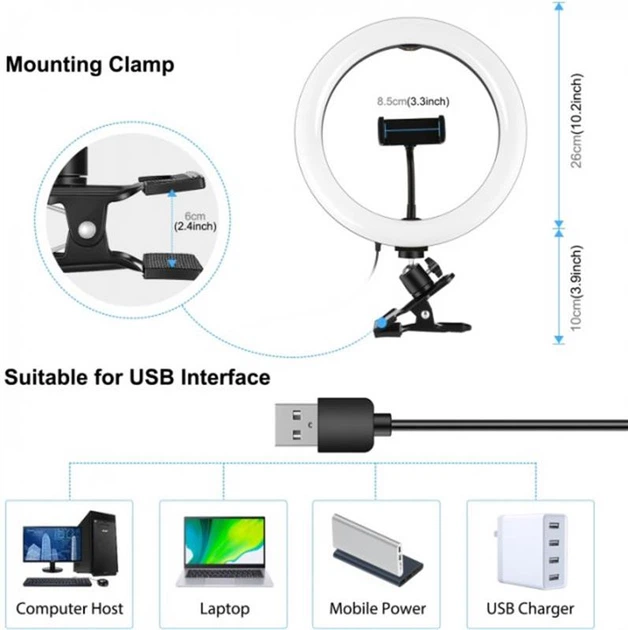 Кільцева USB LED лампа Puluz PKT3126B 10.2' + затискач - Фото 3 Кільцева USB LED лампа Puluz PKT3126B 10.2' + затискач - изображение 3