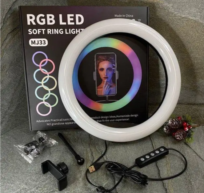 Кольцевая LED селфи лампа MJ33 RGB цветная - изображение 4