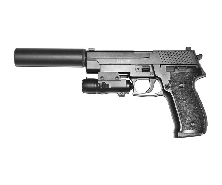 Спринговый пистолет Galaxy Sig Sauer 226 с глушителем и лазерным прицелом на пульках BB 6 мм металлический - изображение 1