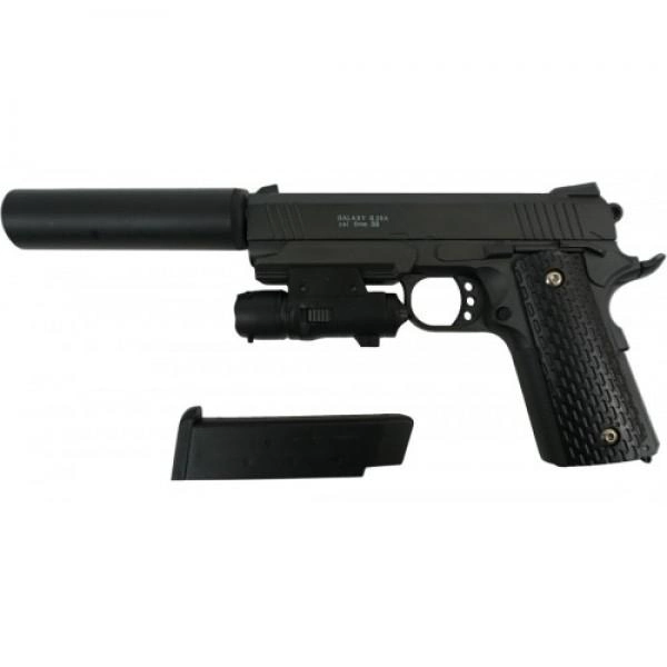 Страйкбольный спринговый пистолет Galaxy Colt 1911PD с глушителем и лазерным прицелом на пульках BB 6 мм металлический - изображение 1
